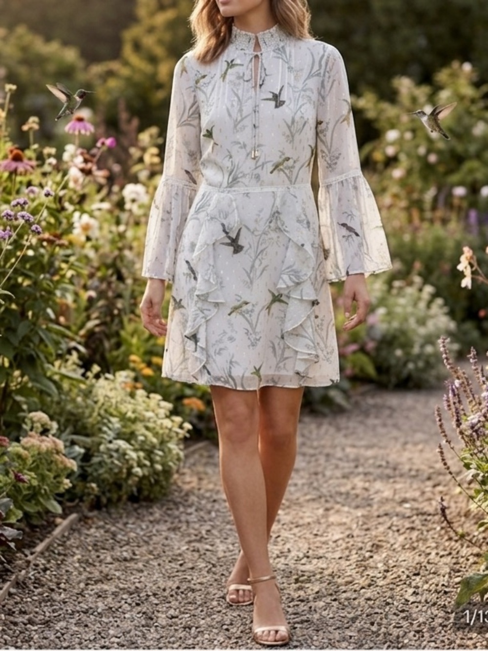 Ted Baker Gray & Green Hummingbird Bell Sleeve Sundress